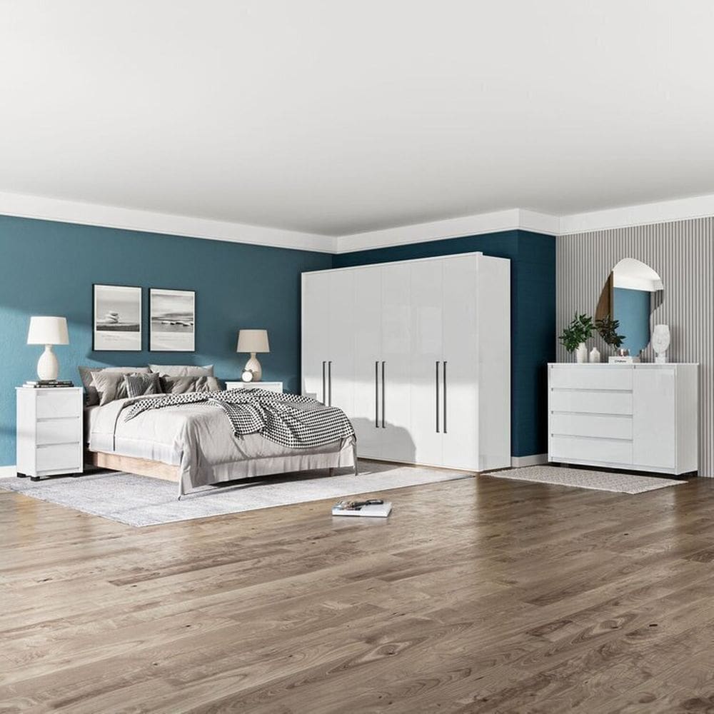 Quarto Guarda Roupas 6 Portas Cômoda 4 Gavetas 1 Porta 2 Mesas de Cabeceira 3 Gavetas Branco