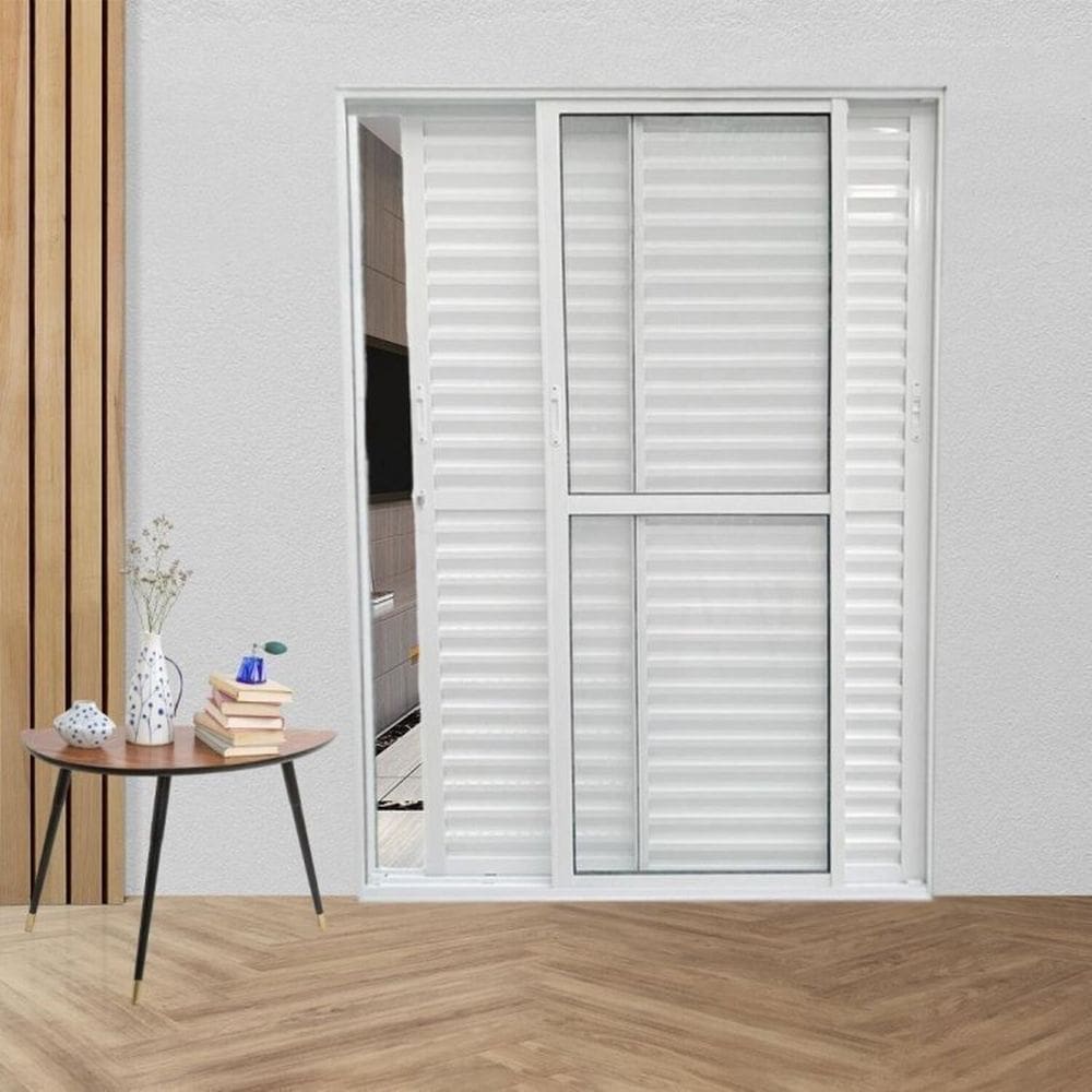 Kit com 2 Portas Balcão de Alumínio 3 Folhas Móveis 210 X 120cm com Fechadura Linha 25 Branco