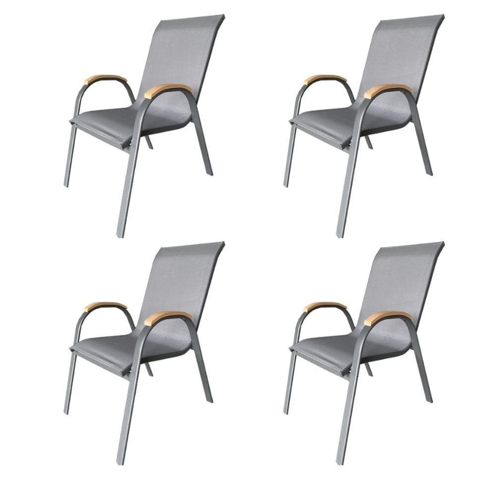 Kit 4 Cadeiras Empilhável com Braço Pipa Maresias Fratini 96 cm altura Alumínio e Assento Tela Cinza