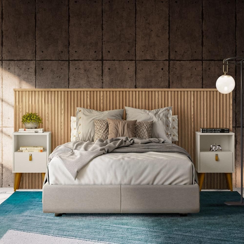 Conjunto Quarto Cabeceira Queen Casal Ripada Com 2 Mesas De Cabeceira Carvalho Shop JM
