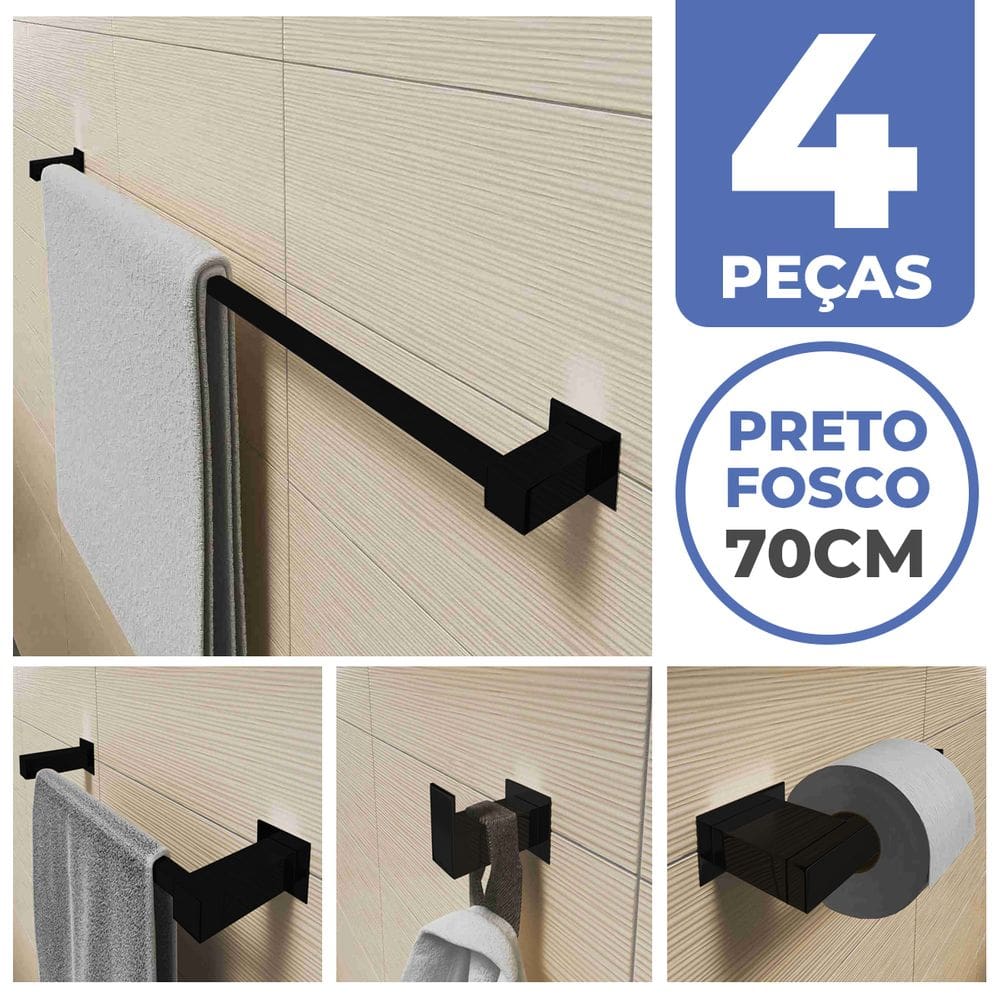 Kit Acessórios Para Banheiro 4 Peças Aço Inox Preto Fosco Linha Quadrada Q4BPF