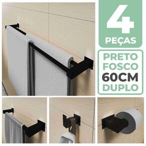 Kit Acessórios Para Banheiro 4 Peças Aço Inox Preto Fosco Linha Quadrada Q4CPF