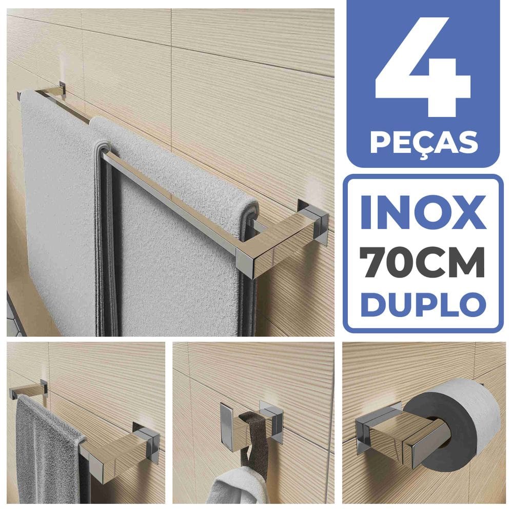 Kit Acessórios Para Banheiro 4 Peças Aço Inox Linha Quadrada Q4D