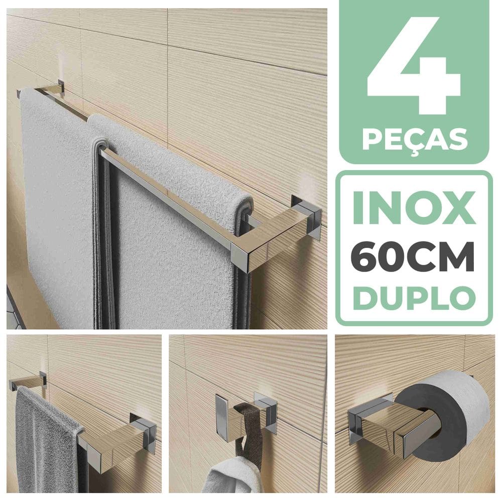 Kit Acessórios Para Banheiro 4 Peças Aço Inox Linha Quadrada Q4C