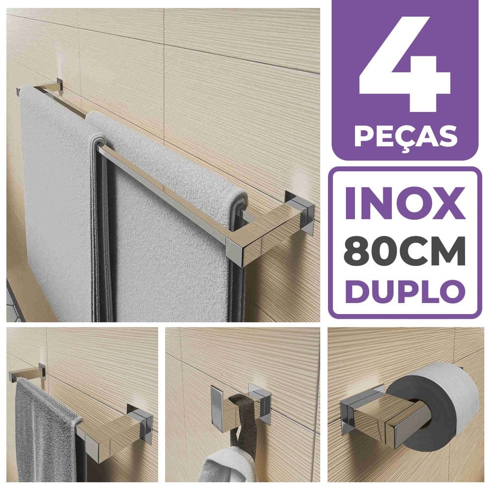 Kit Acessórios Para Banheiro 4 Peças Aço Inox Linha Quadrada Q4F