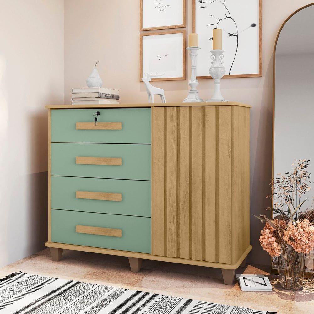 Cômoda Sapateira 1 Porta 4 Gavetas Grécia Cinamomo Verde Água