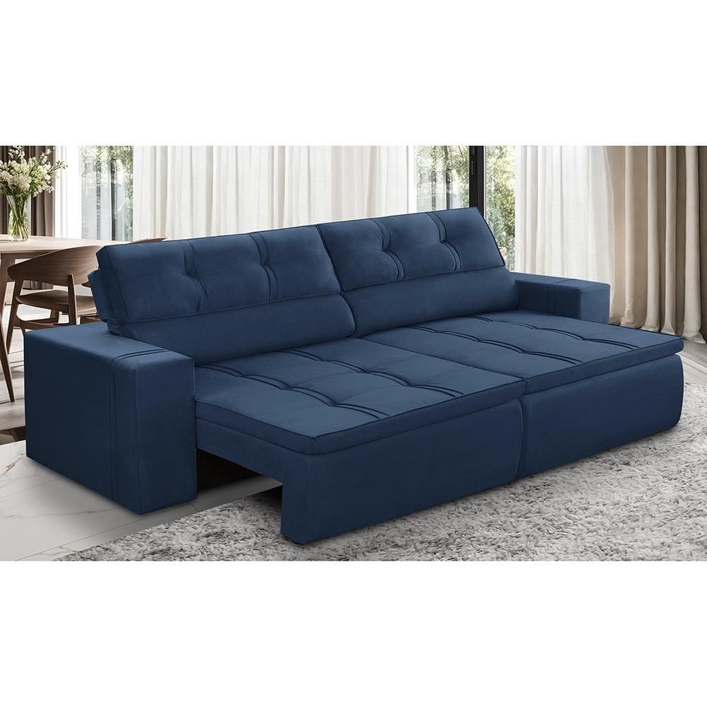 Sofá Retrátil e Reclinável 3 lugares 2,30m com Molas Stella Suede Azul Adonai Estofados