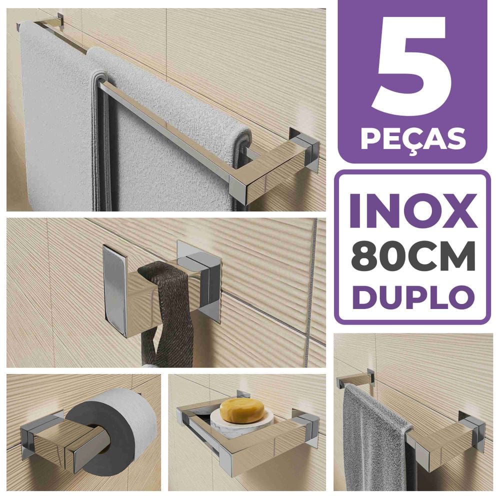 Kit Acessórios Para Banheiro 5 Peças Aço Inox Linha Quadrada Q5F