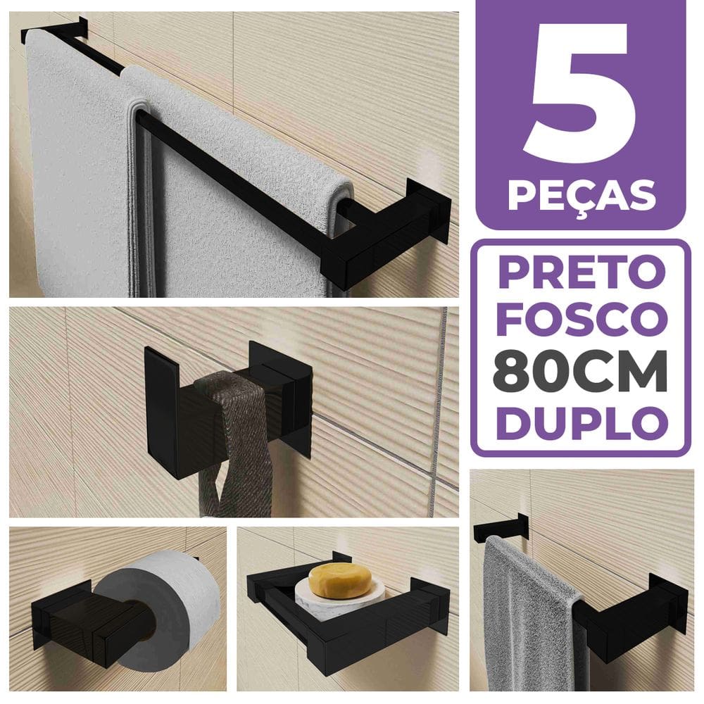 Kit Acessórios Para Banheiro 5 Peças Aço Inox Preto Fosco Linha Quadrada Q5FPF