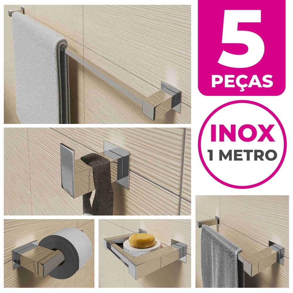 Kit Acessórios Para Banheiro 5 Peças Aço Inox Linha Quadrada Q5G