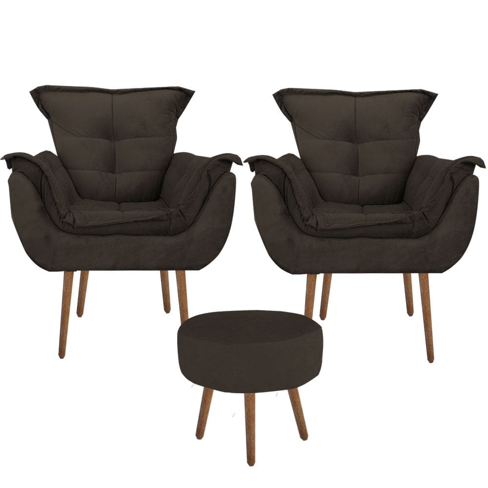 Kit 2 Poltronas Decorativa Opala com Puff Redondo Suede Marrom