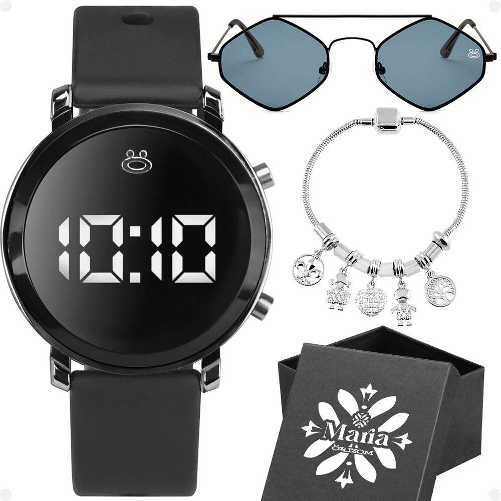 relogio feminino digital + oculos sol proteção uv + caixa