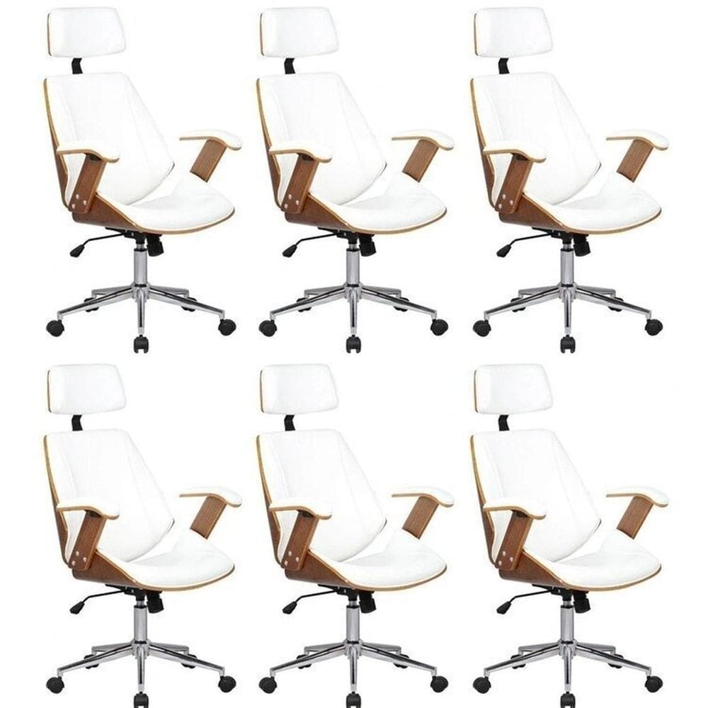 Kit 6 Cadeiras de Escritório Presidente Giratória com Apoia Cabeça Office Lisboa Branco