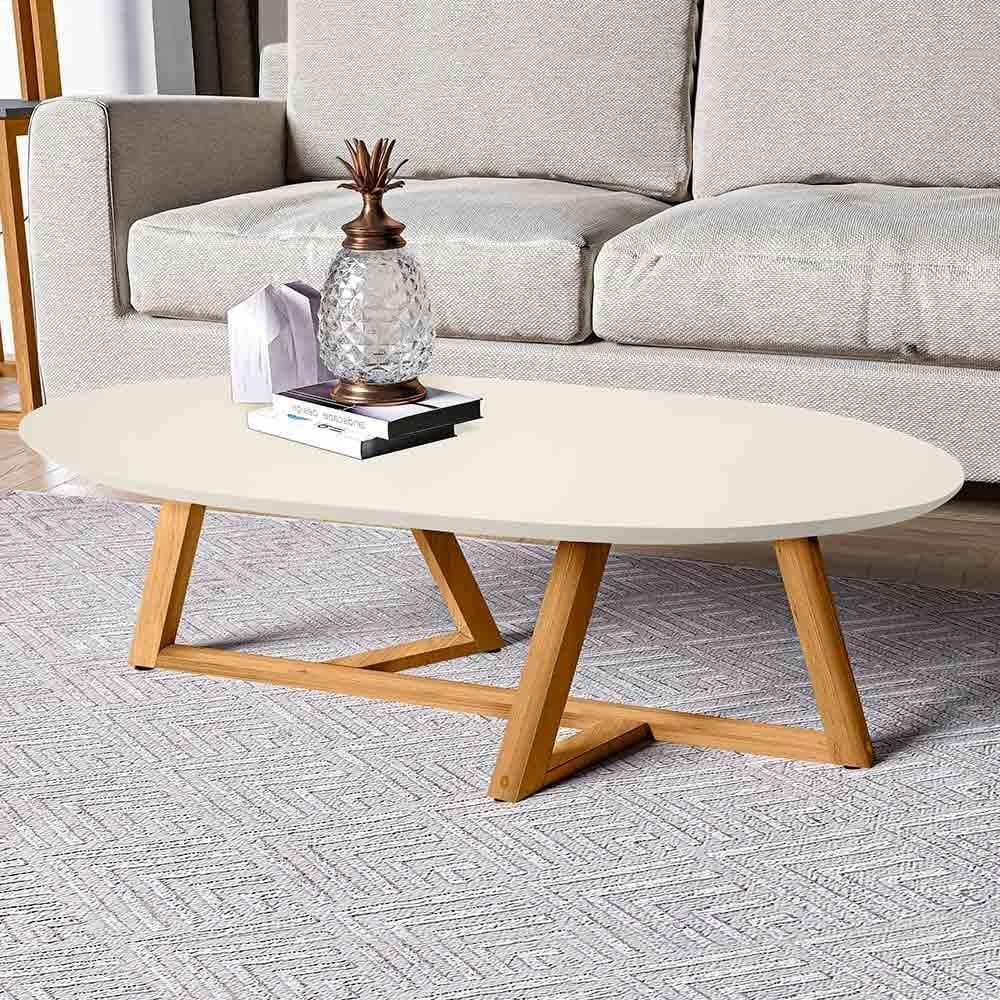 Mesa de Centro Sala Classic Oval com Pés em Madeira Maciça Branco/Amendoa