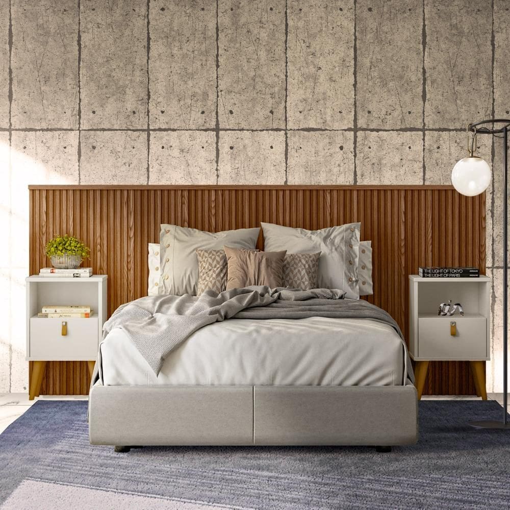 Conjunto Quarto Cabeceira Queen Casal Ripada Com 2 Mesas De Cabeceira Freijó Shop JM