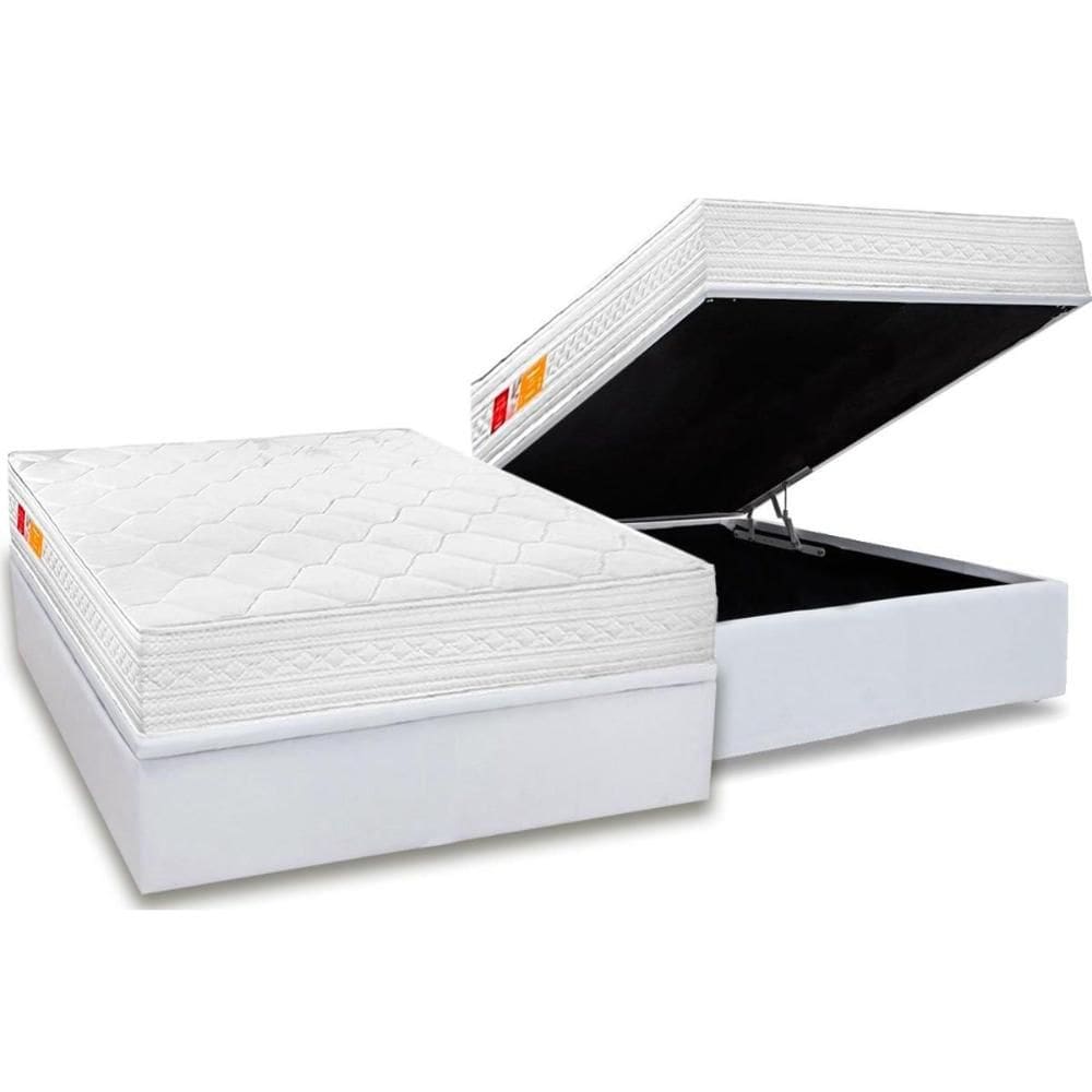 Cama Box Baú Casal: Colchão Espuma D33 Orthocrin Royal Plus Pró Saúde Duplo Euro Pillow + Base CRC Courano White(138x188)