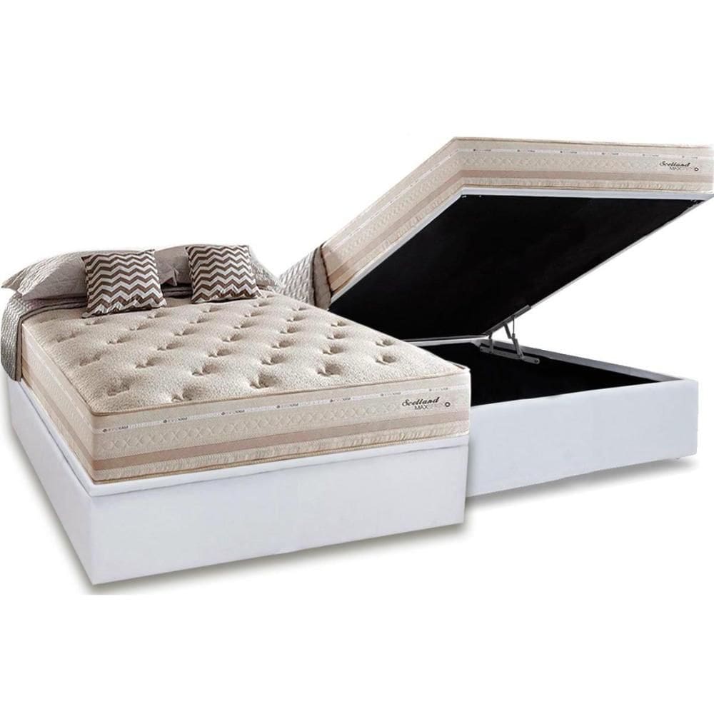 Cama Box Baú Casal: Colchão Molas Herval Maxspring Scotland + Base CRC Courano White(138x188)