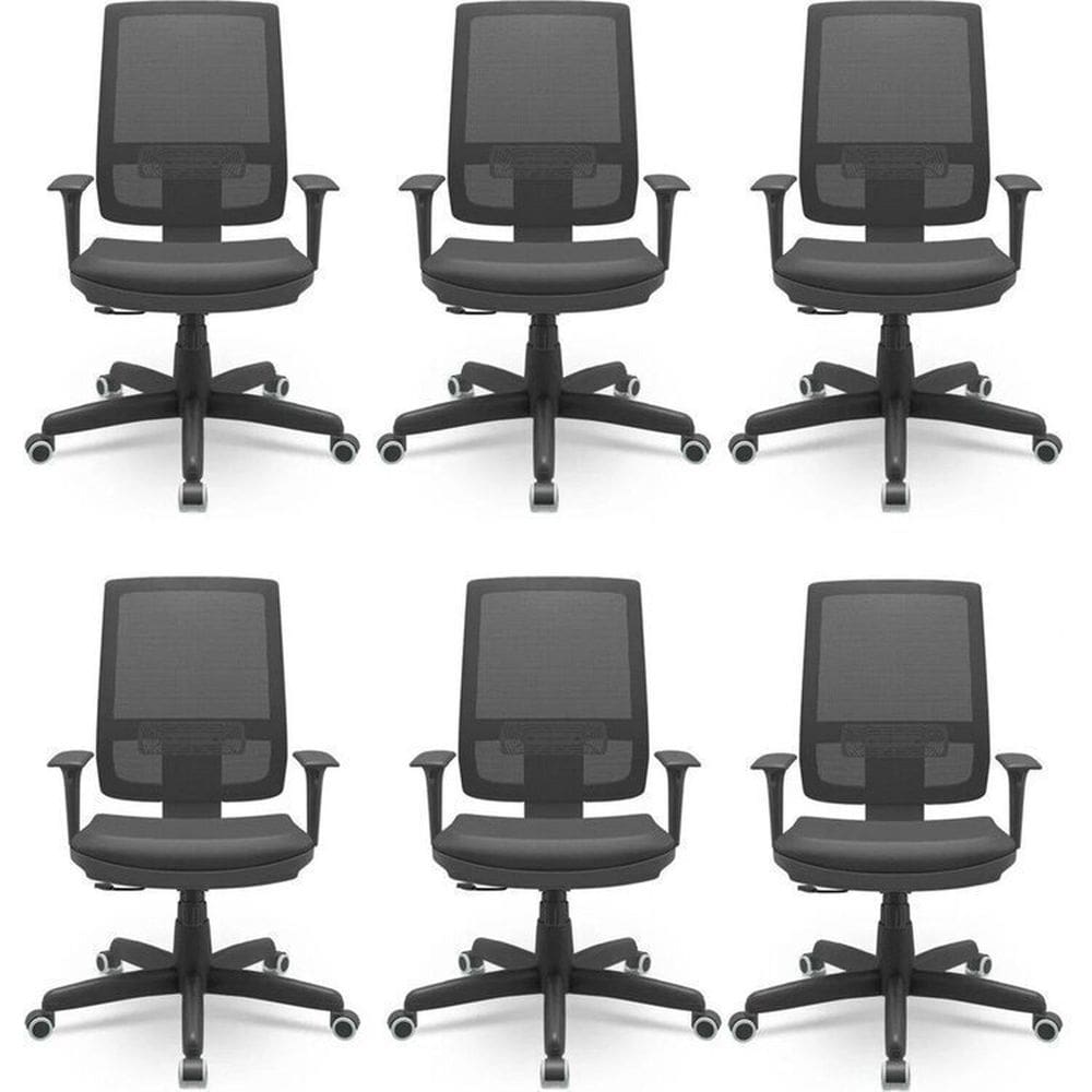 Kit 6 Cadeiras para Escritório Ergonômica Presidente Brizza Nr17 Plaxmetal Preto