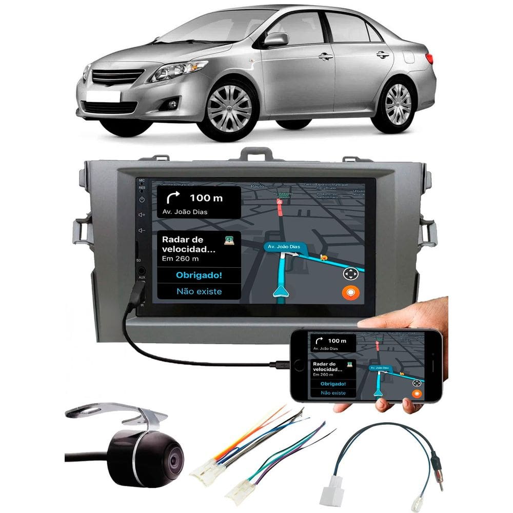 Multimídia Toyota Corolla 2009 a 2013 Espelhamento Bluetooth USB SD Card + Moldura + Chicotes + Câmera Ré