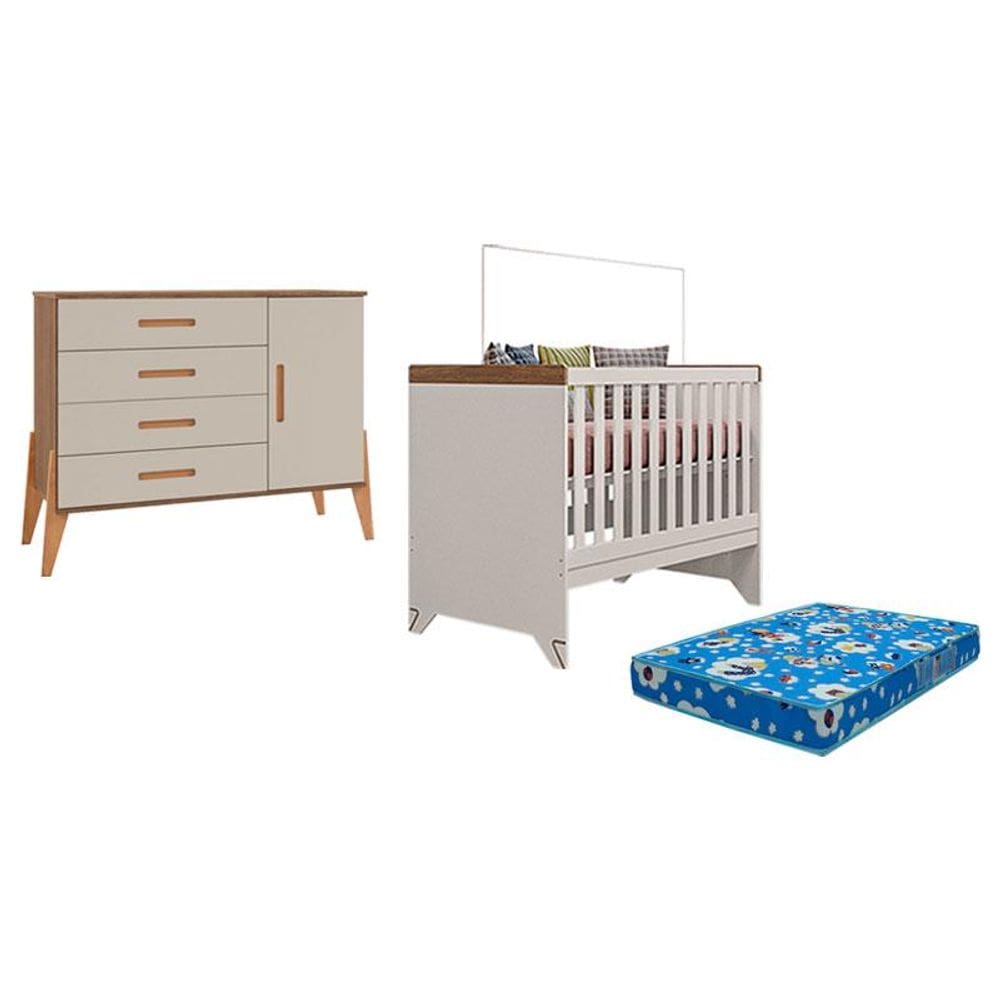 Berço Americano Retro Maya e Cômoda com Porta Emilly Off White com Colchão Ortobom - Canaã