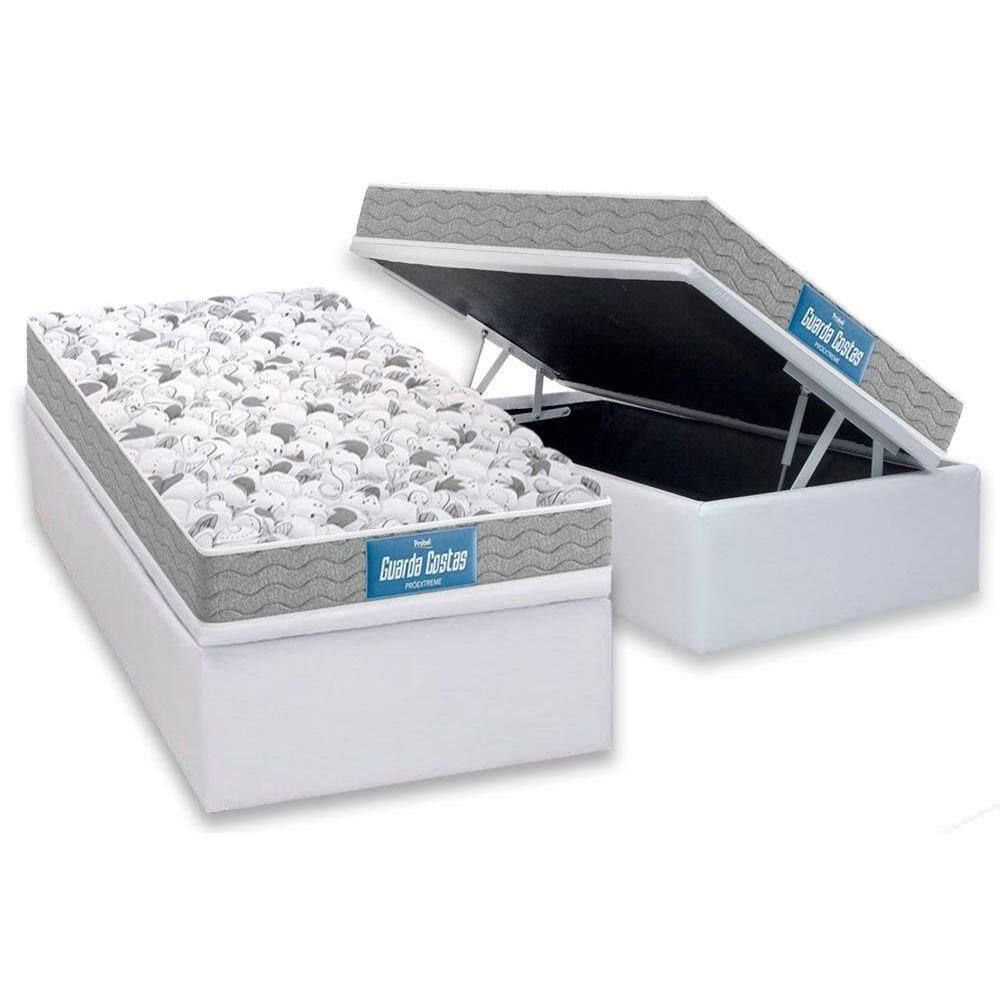 Cama Box Baú Solteiro: Colchão Espuma D45 Probel / EP Guarda Costas PróExtreme Plus Double Face + Base CRC Courano White(88x188)