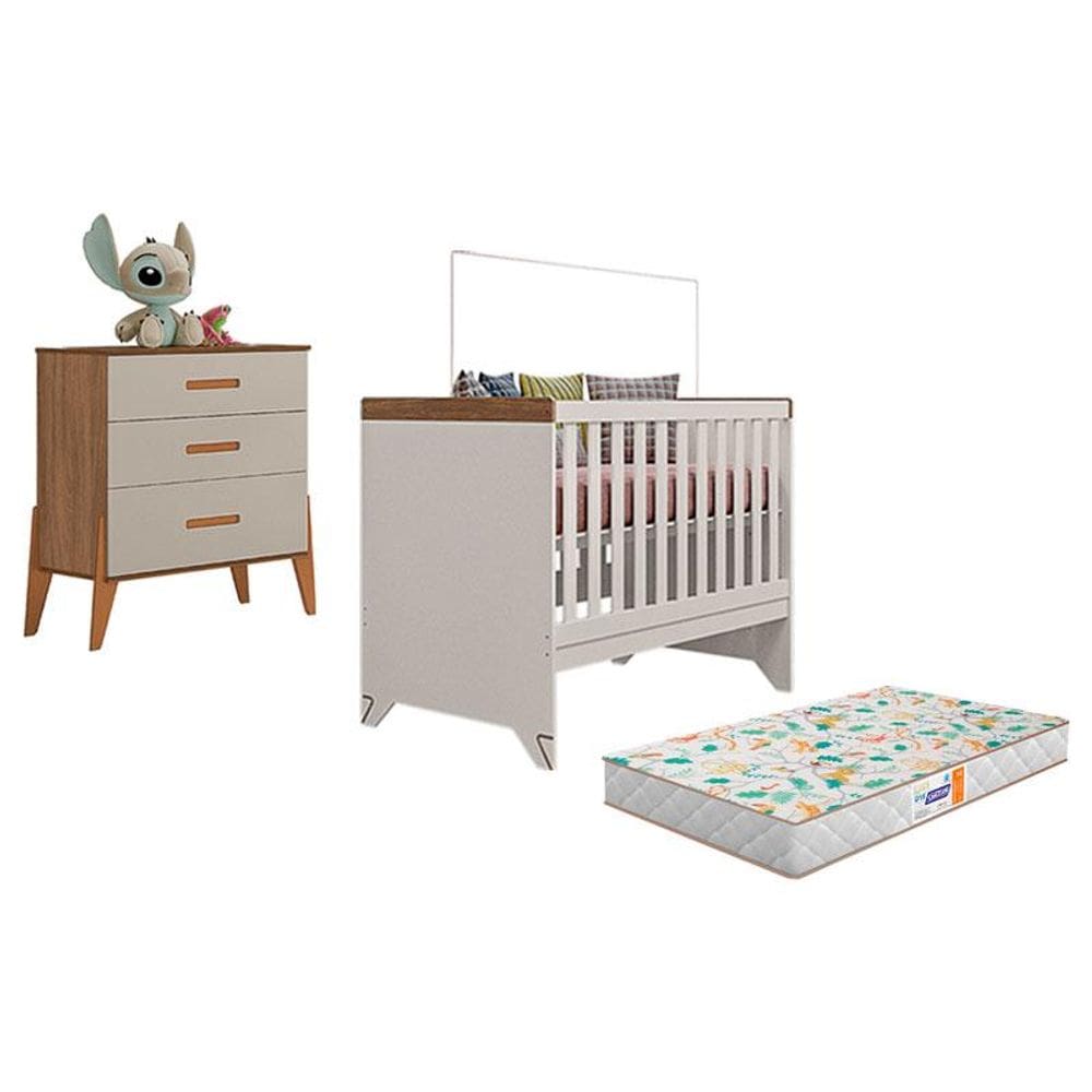 Berço Americano Retro Maya e Cômoda Gaveteiro Emilly Off White Carvalho com Colchão Gazin - Canaã