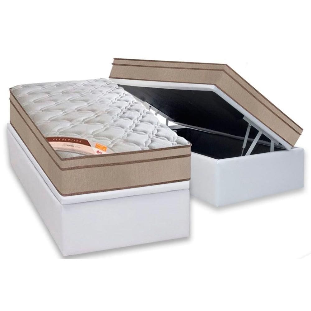 Cama Box Baú Solteiro: Colchão Molas Castor Bonnel Revolution + Base CRC Courano White(88x188)
