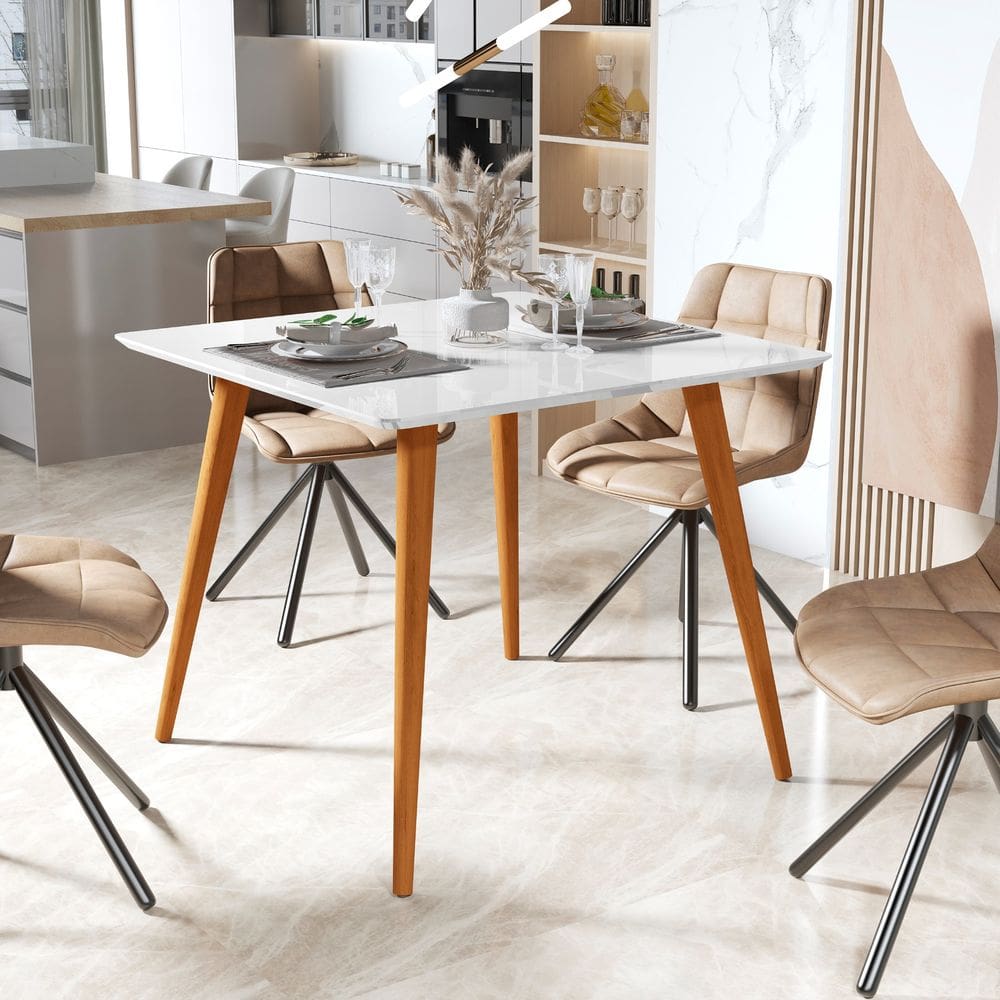Mesa de Jantar Industrial Branco Brilho Bistrô 4 Cadeiras Madeira Tampo 90x90cm