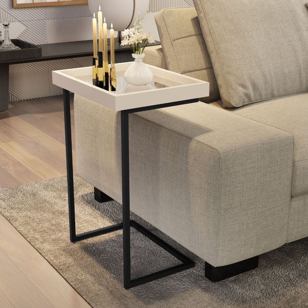 Mesa De Canto Cor Pérola / Preto Apoio Para Sofá Detalhe Espelho Elegante