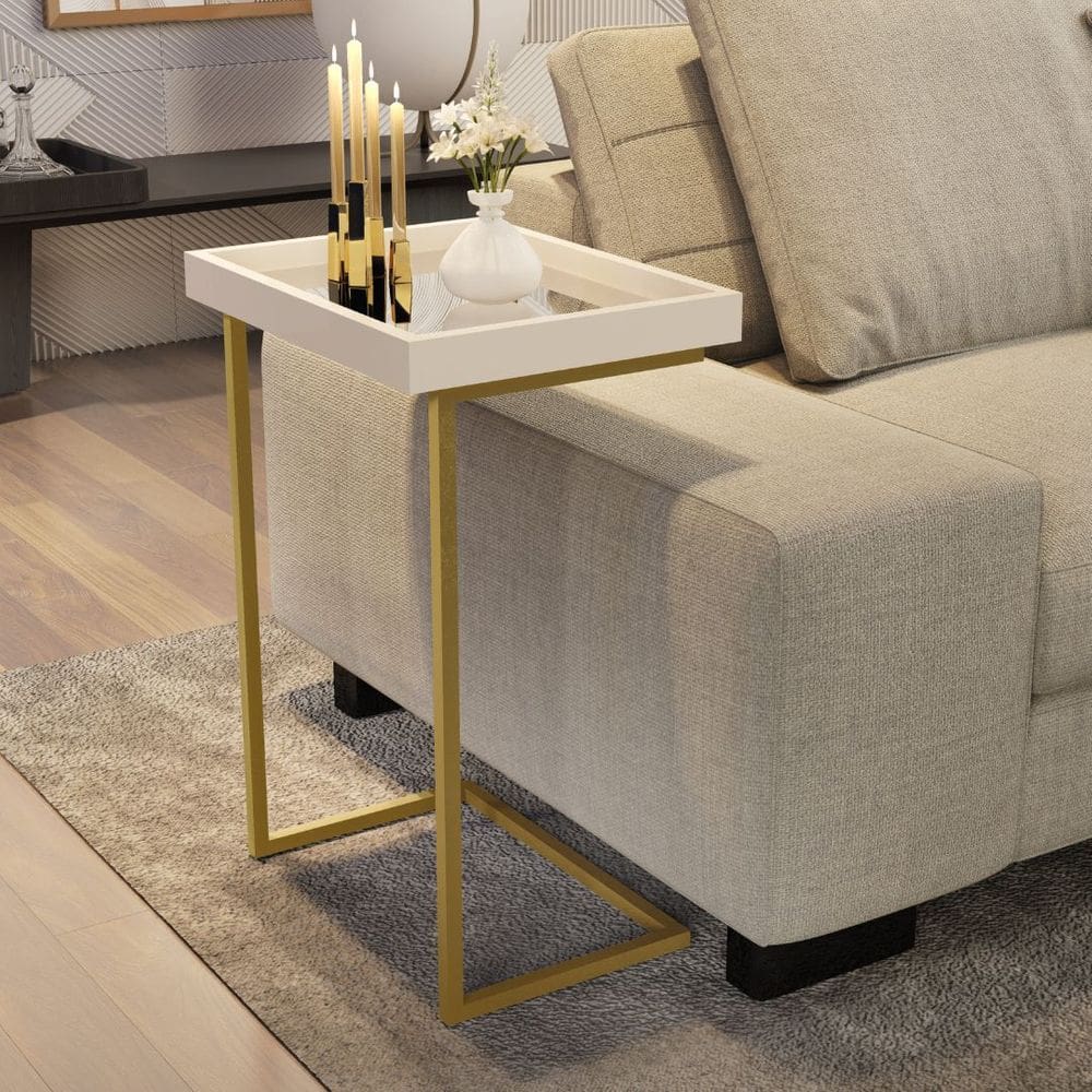 Mesa De Canto Cor Pérola / Dourado Apoio Para Sofá Detalhe Espelho Elegante