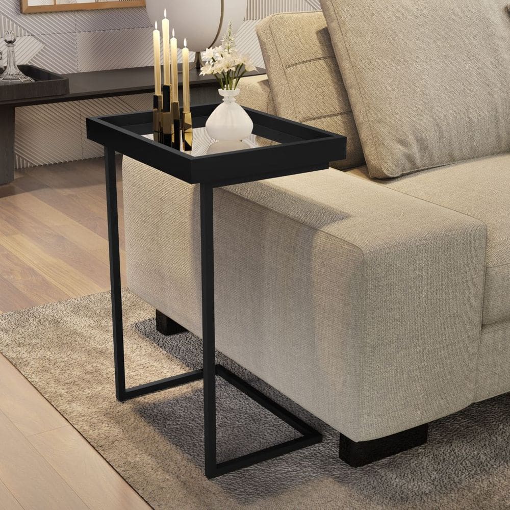 Mesa De Canto Cor Preto Apoio Para Sofá Detalhe Espelho Elegante