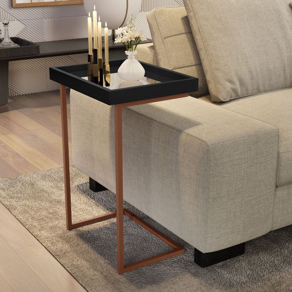Mesa De Canto Cor Preto / Bronze Apoio Para Sofá Detalhe Espelho Elegante