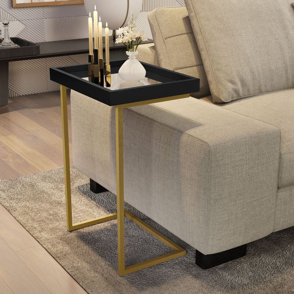 Mesa De Canto Cor Preto / Dourado Apoio Para Sofá Detalhe Espelho Elegante