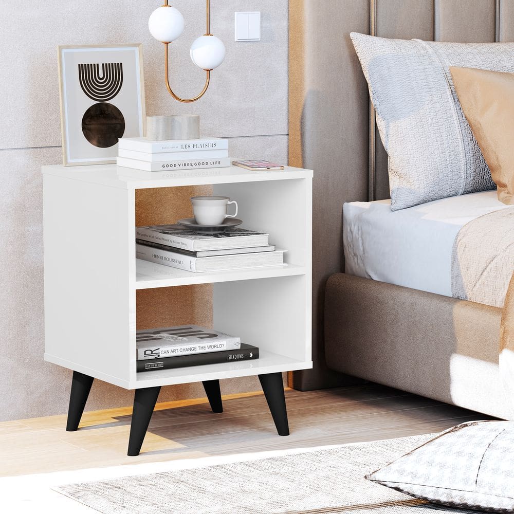 Mesa De Cabeceira Com Nichos Branco Brilhante Modelo Quarto Retrô
