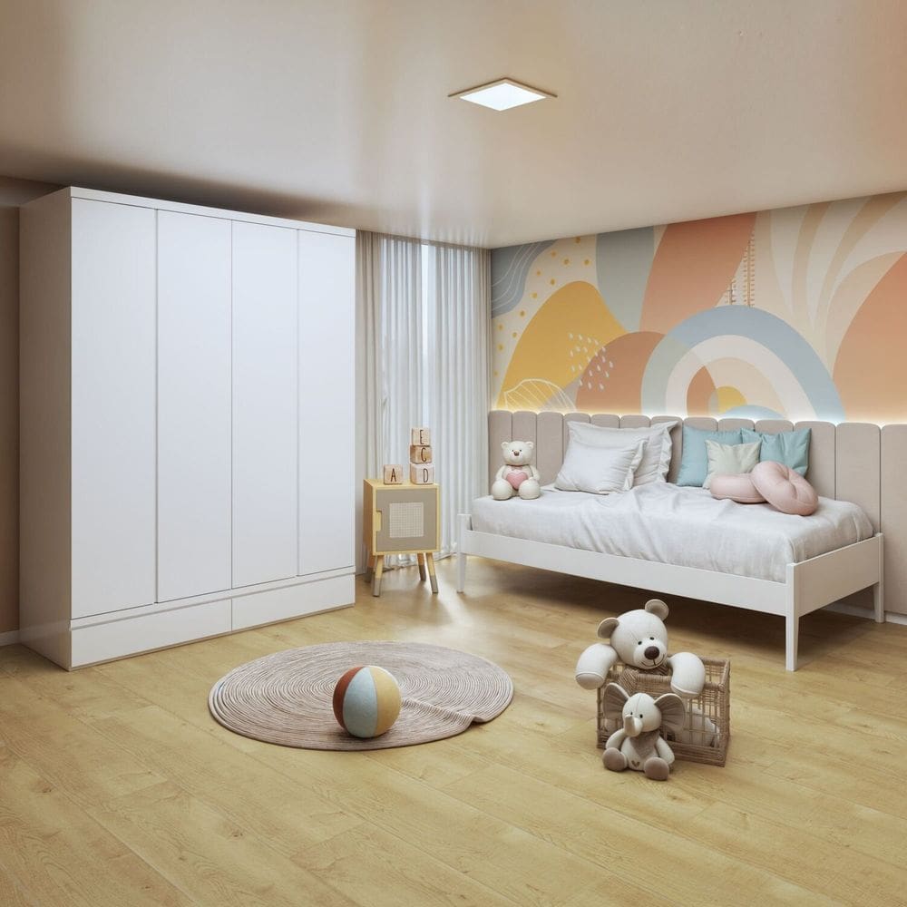 Quarto Infantil Completo com 1 Cama Babá Clean 90cm e Guarda-Roupa Aconchego Branco