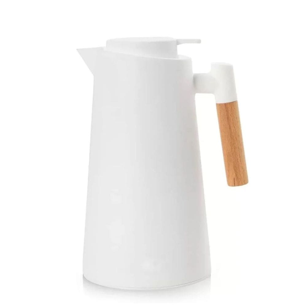 Garrafa Térmica Design Cabo Madeira Botão Abre Fácil Branca - Vivaflor Decor