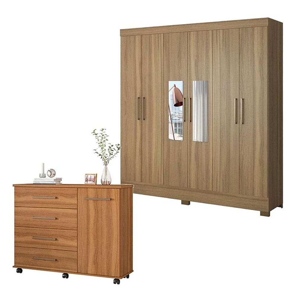 Cômoda Flora e Guarda Roupa Casal Prático Amêndola Touch com Espelho - Demóbile