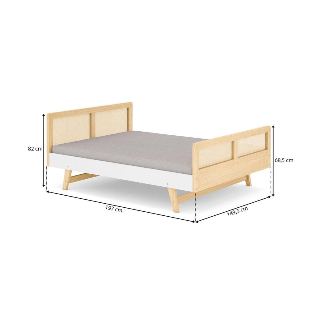 Cama Infantil Montessoriano Casal Lift em Madeira Maciça com Rattan Casatema Branco/Natural
