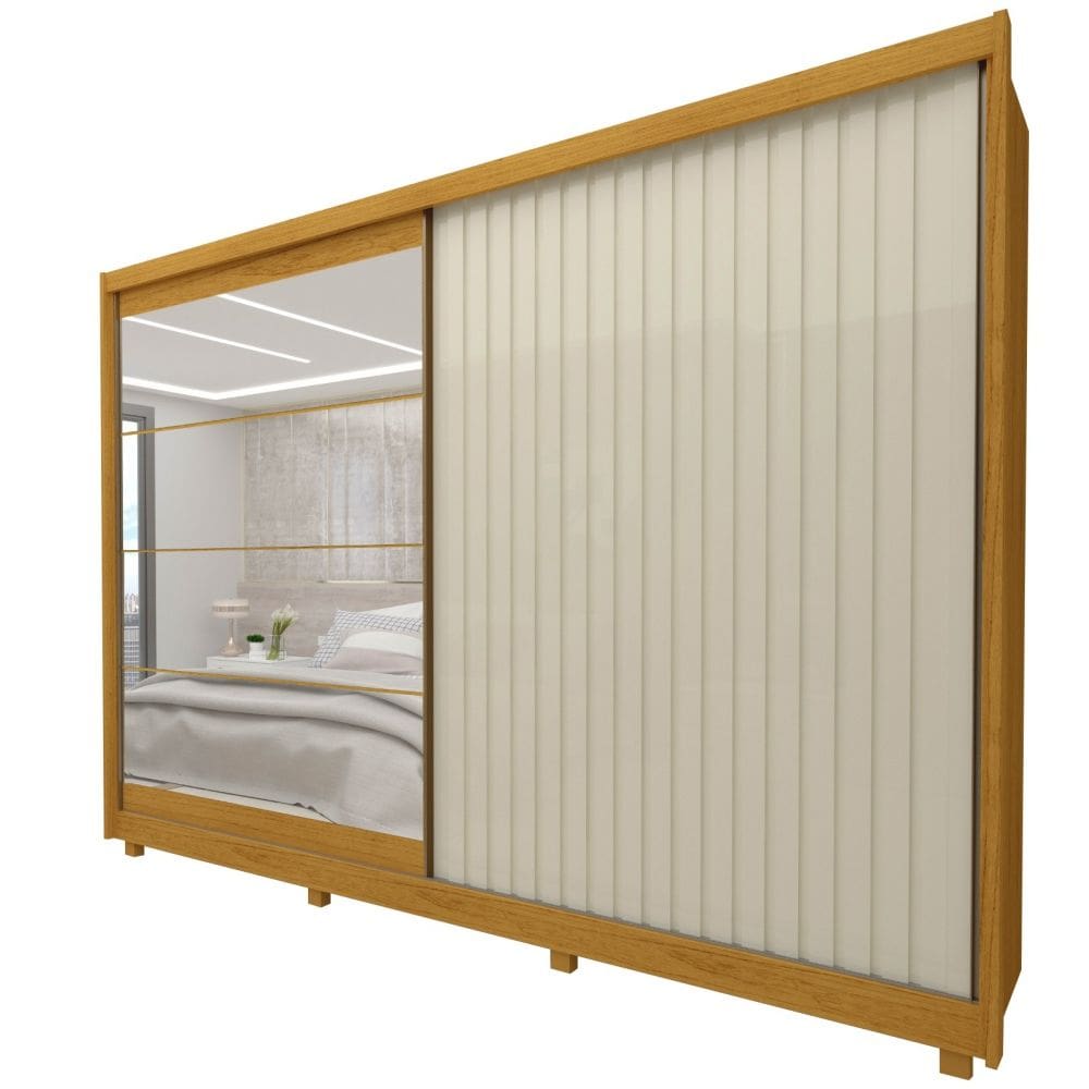 Guarda Roupa Casal Gelius Apolo 2 Portas de correr com espelho e 7 gavetas Naturale OFF White