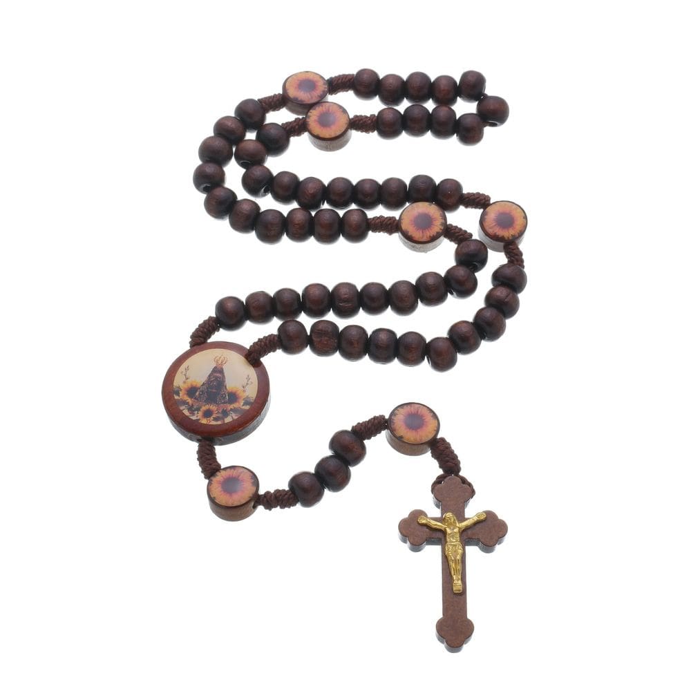 Terço de Nossa Senhora Aparecida em Madeira e Entremeios de Girassol 8mm