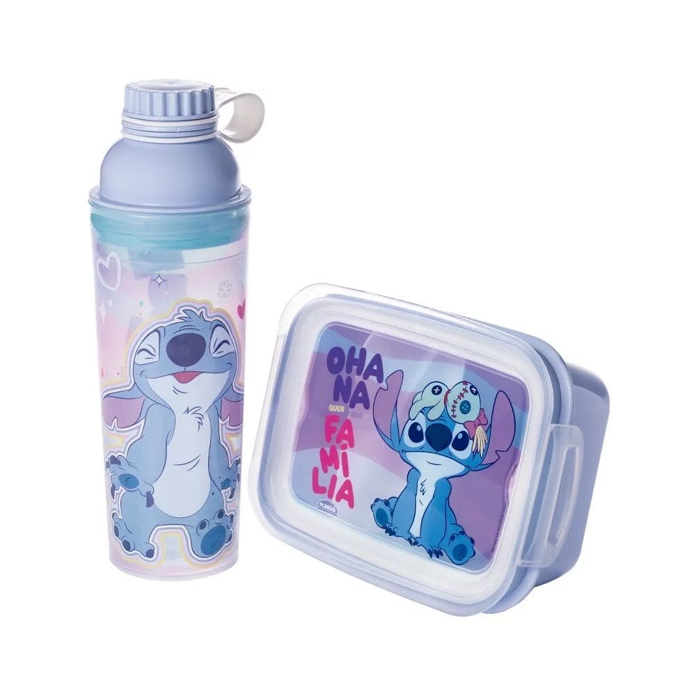 Kit Infantil Disney Stitch Garrafa e Marmita Com Compartimento Plasútil