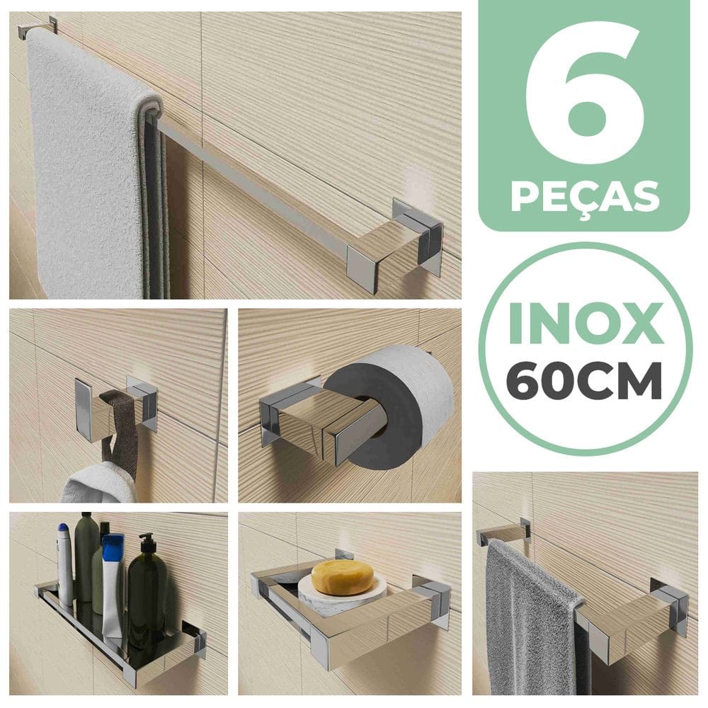 Kit Acessórios Para Banheiro 6 Peças Aço Inox Linha Quadrada Q6