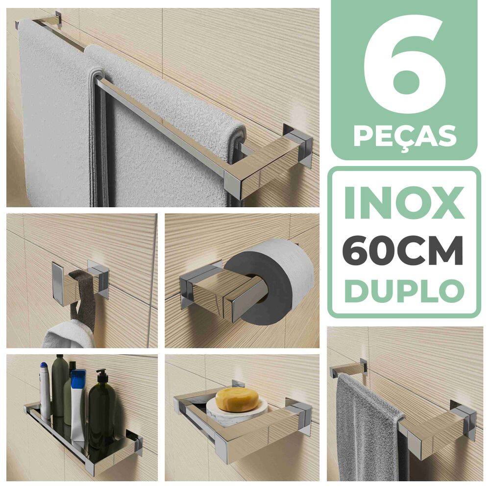 Kit Acessórios Para Banheiro 6 Peças Aço Inox Linha Quadrada Q6C