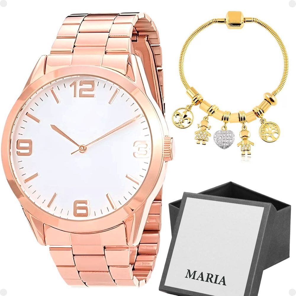 relogio feminino rosê aço inox + pulseira banhada a ouro + caixa
