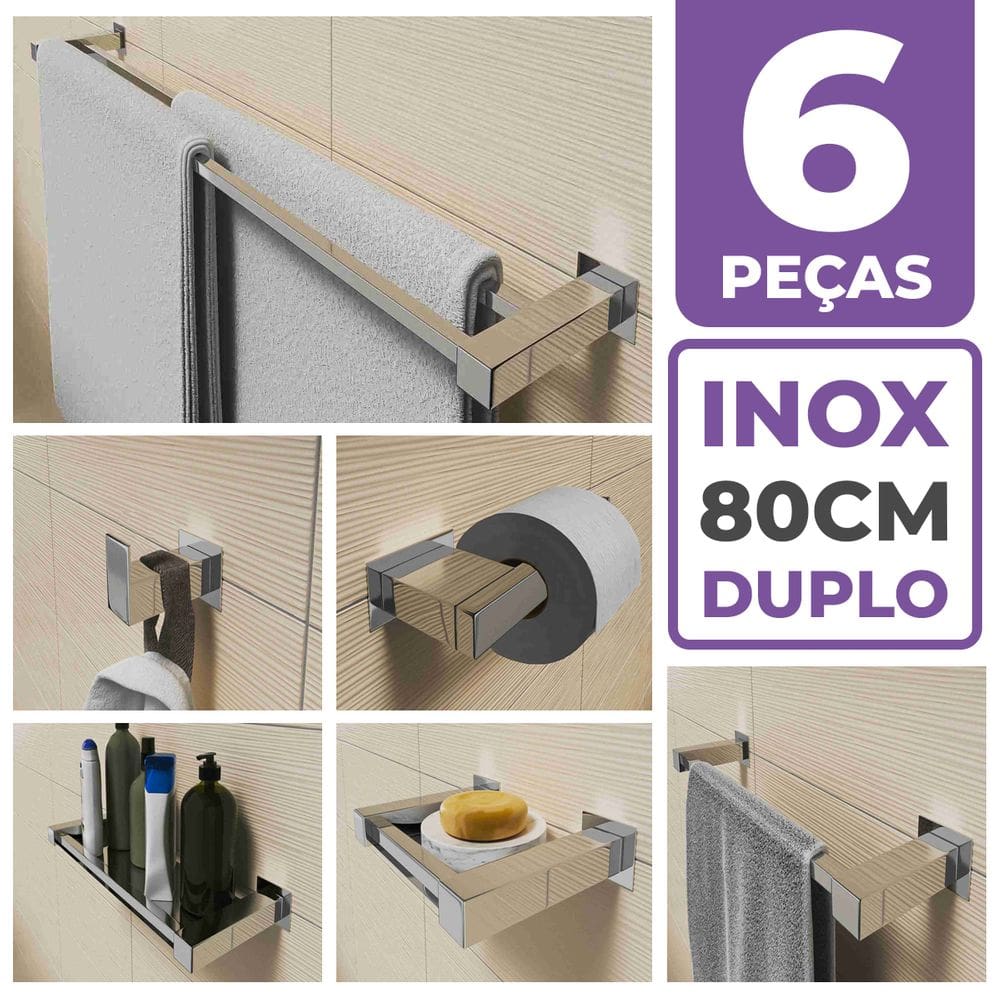 Kit Acessórios Para Banheiro 6 Peças Aço Inox Linha Quadrada Q6F