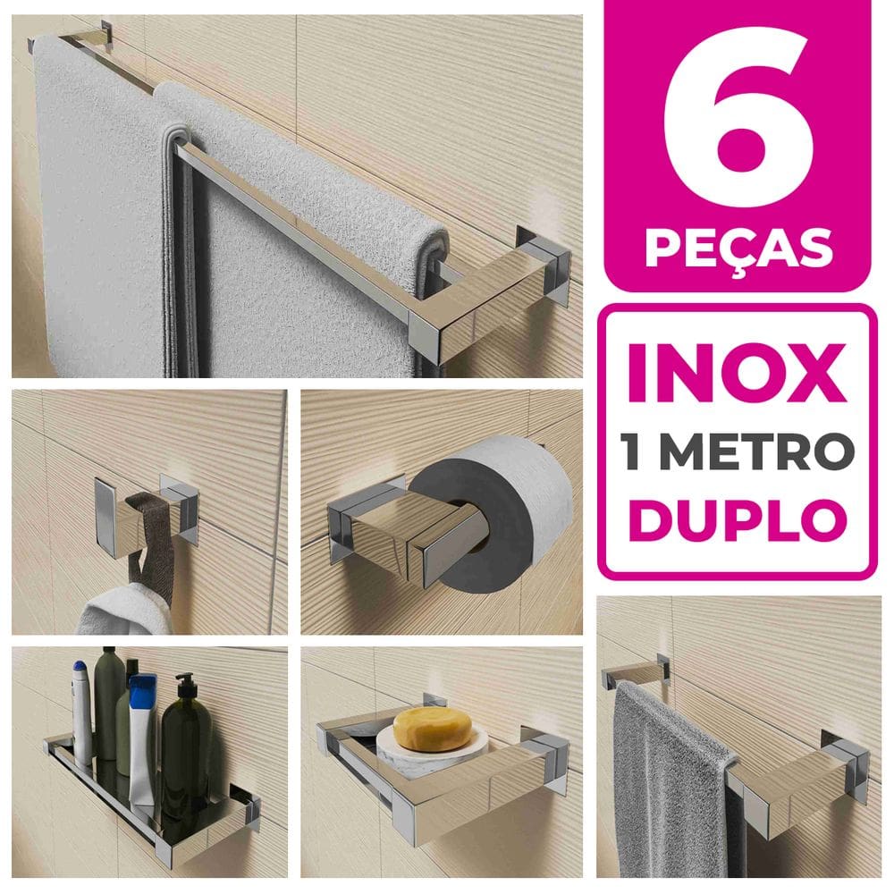 Kit Acessórios Para Banheiro 6 Peças Aço Inox Linha Quadrada Q6H