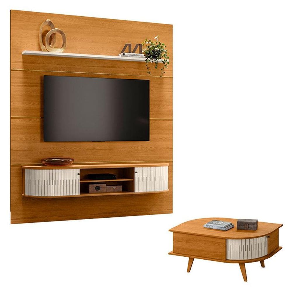 Estante Home Theater com Bancada Suspensa Bugatti com Mesa de Centro Indianápolis Cinamomo Off White – Madetec