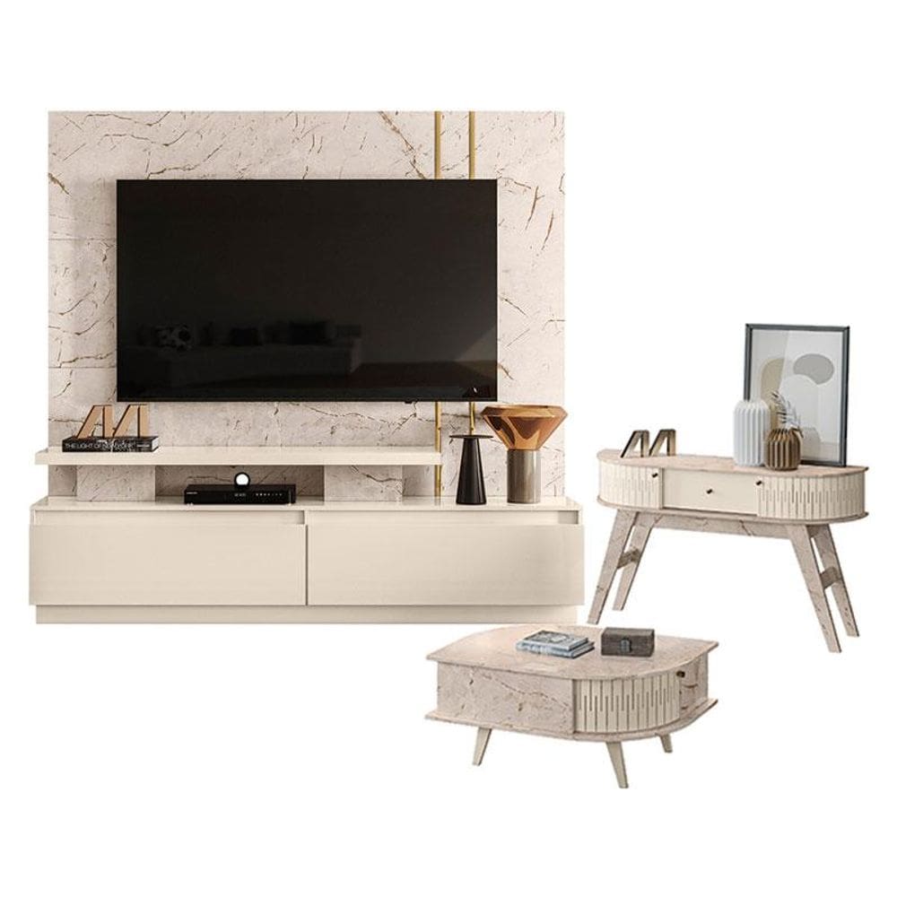 Estante Home Theater New Apolo com Aparador Estoril e Mesa de Centro Indianápolis Calacata Off White – Madetec