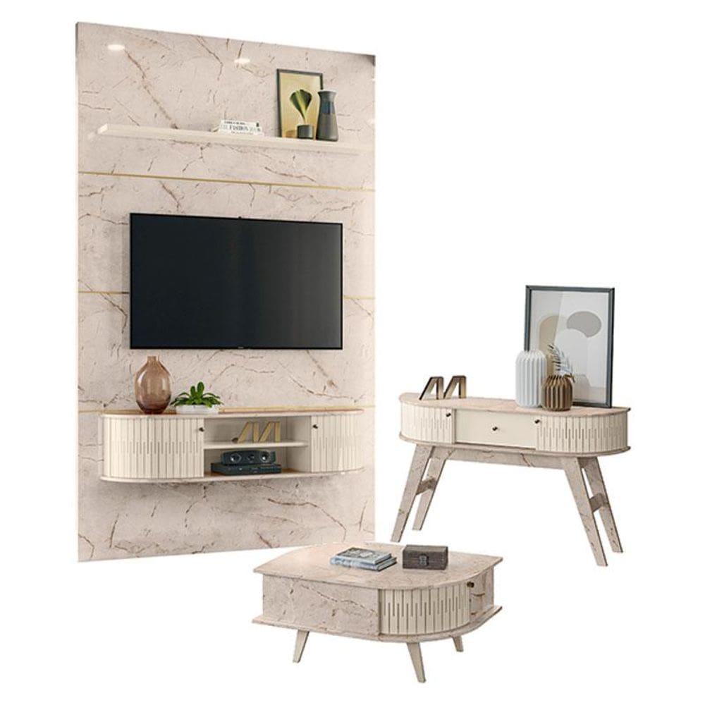 Estante Home Theater com Bancada Suspensa Monte Carlo com Aparador Estoril e Mesa de Centro Indianápolis Calacata Off White – Madetec