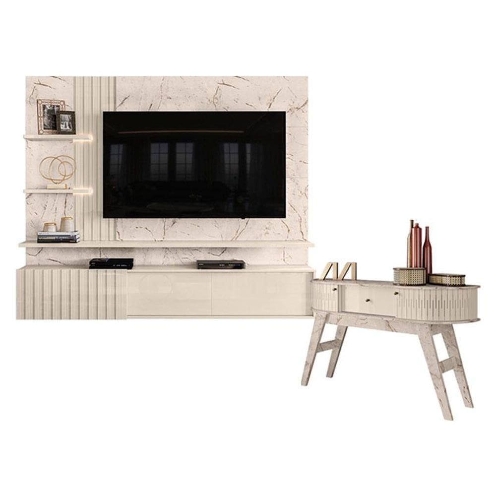 Estante Home Theater Suspenso Atena com Aparador Estoril Calacata Off White – Madetec